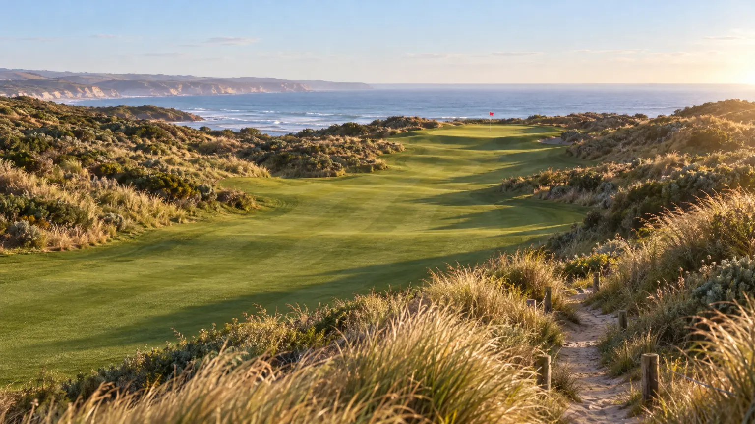 A fairway winding between grassy dunes towards the sea in late sun, a small red flag on a distant green.