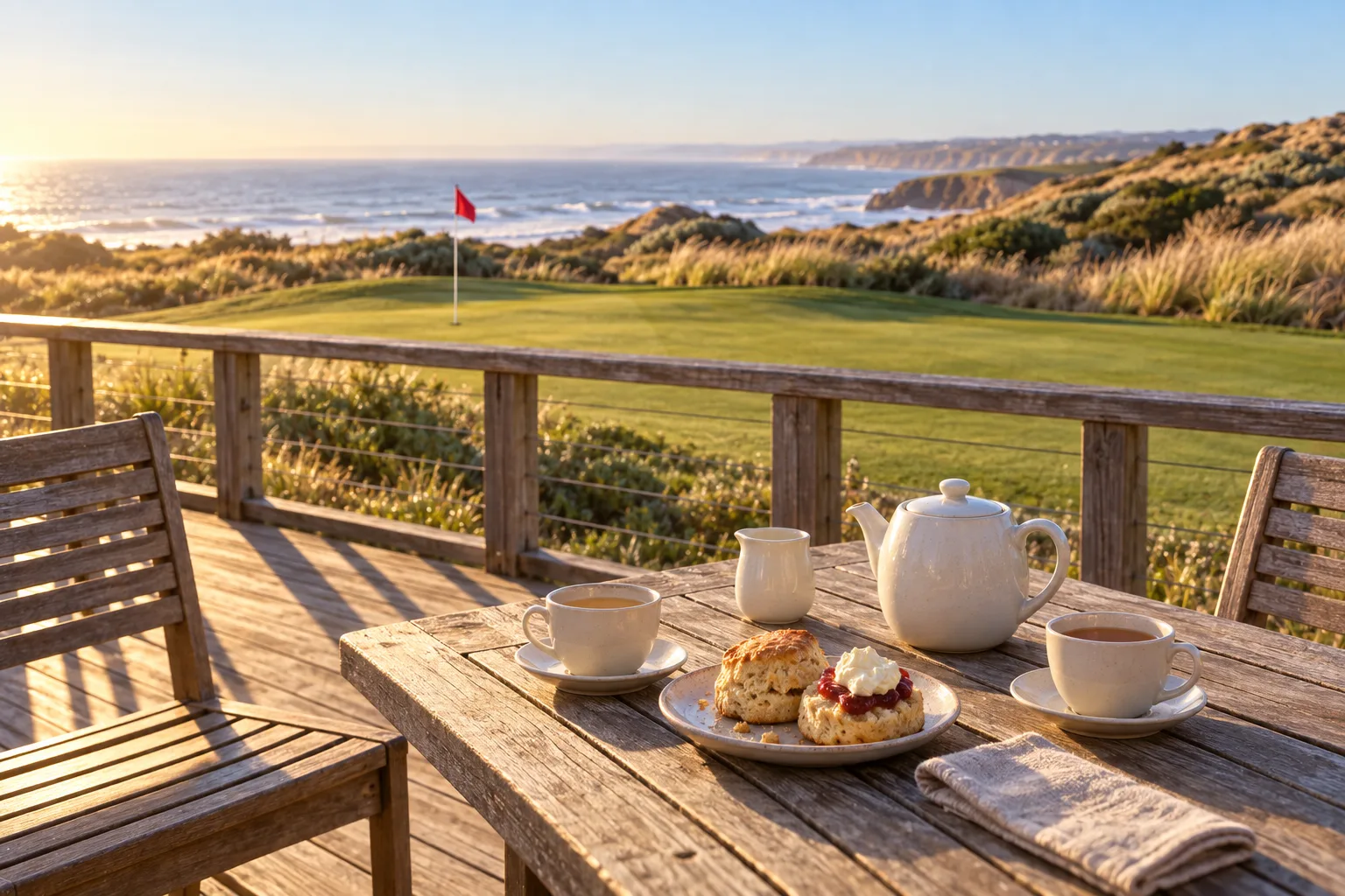 Tea and scones on a timber deck in late sun, the 18th green and the dunes beyond the rail.