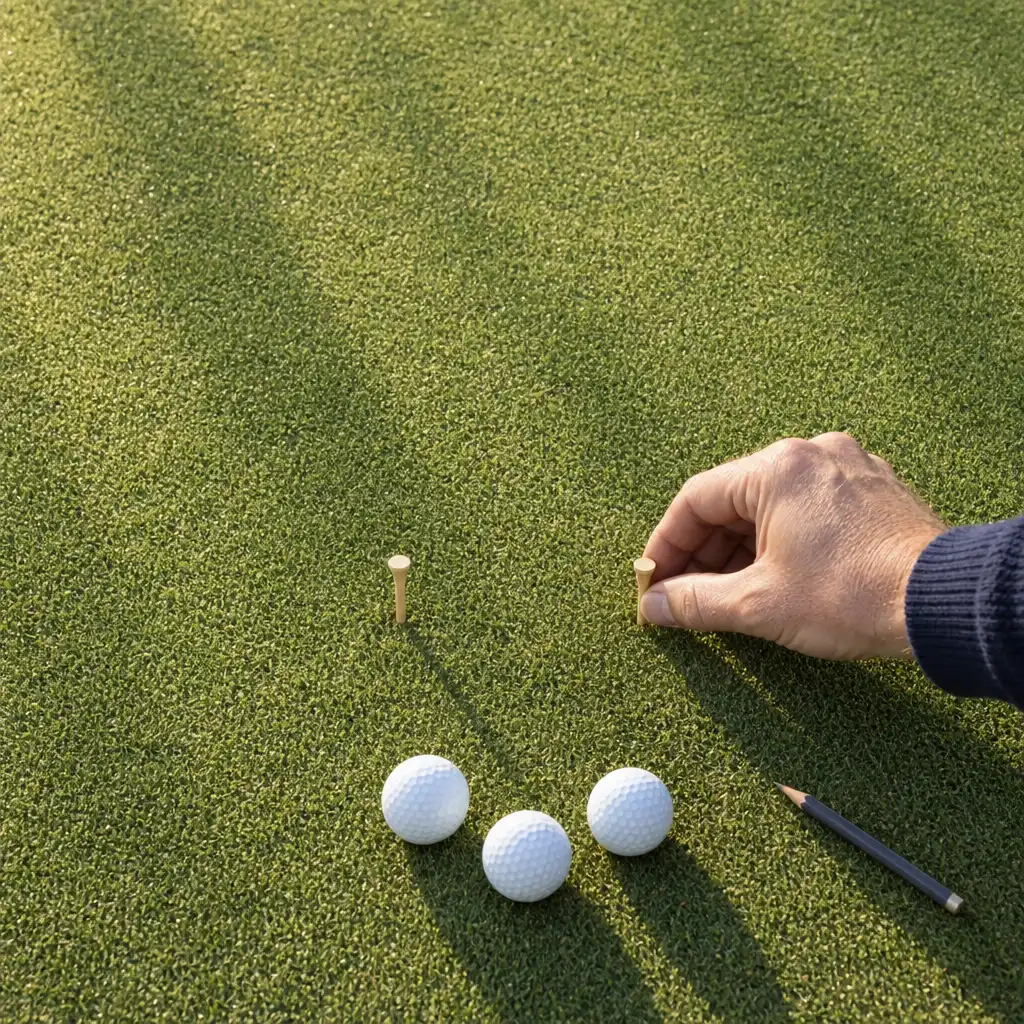A hand pushing a tee into a practice green to make a gate, three balls lined up behind it.