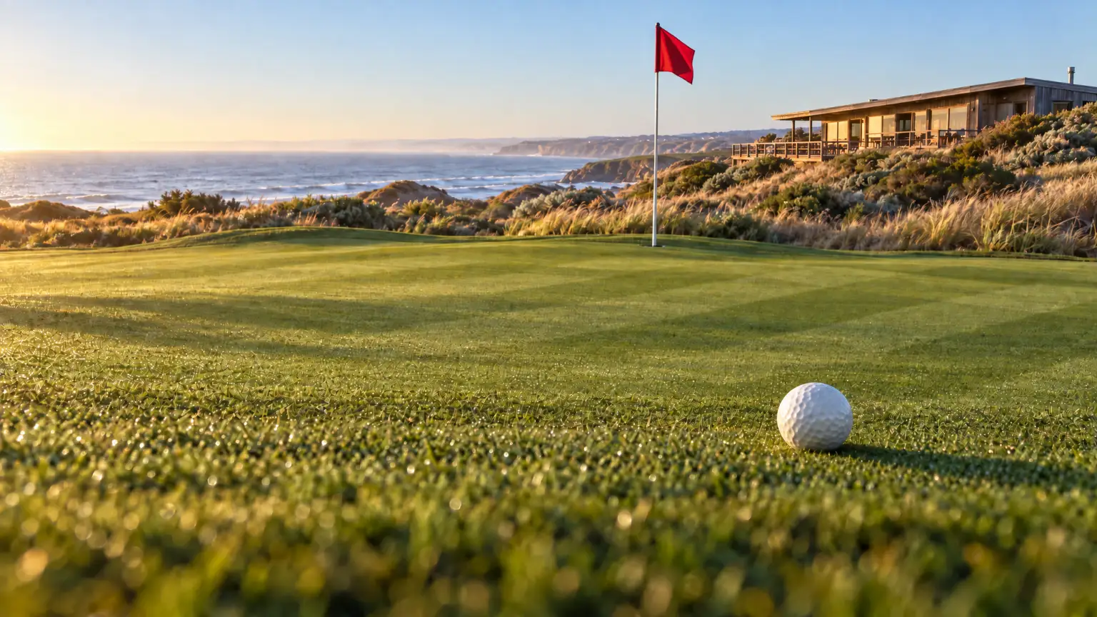 Looking along the turf from behind a golf ball on a sloping green, a red flag six metres away, the sea on the left and the clubhouse deck on the dune beyond, in low sun.