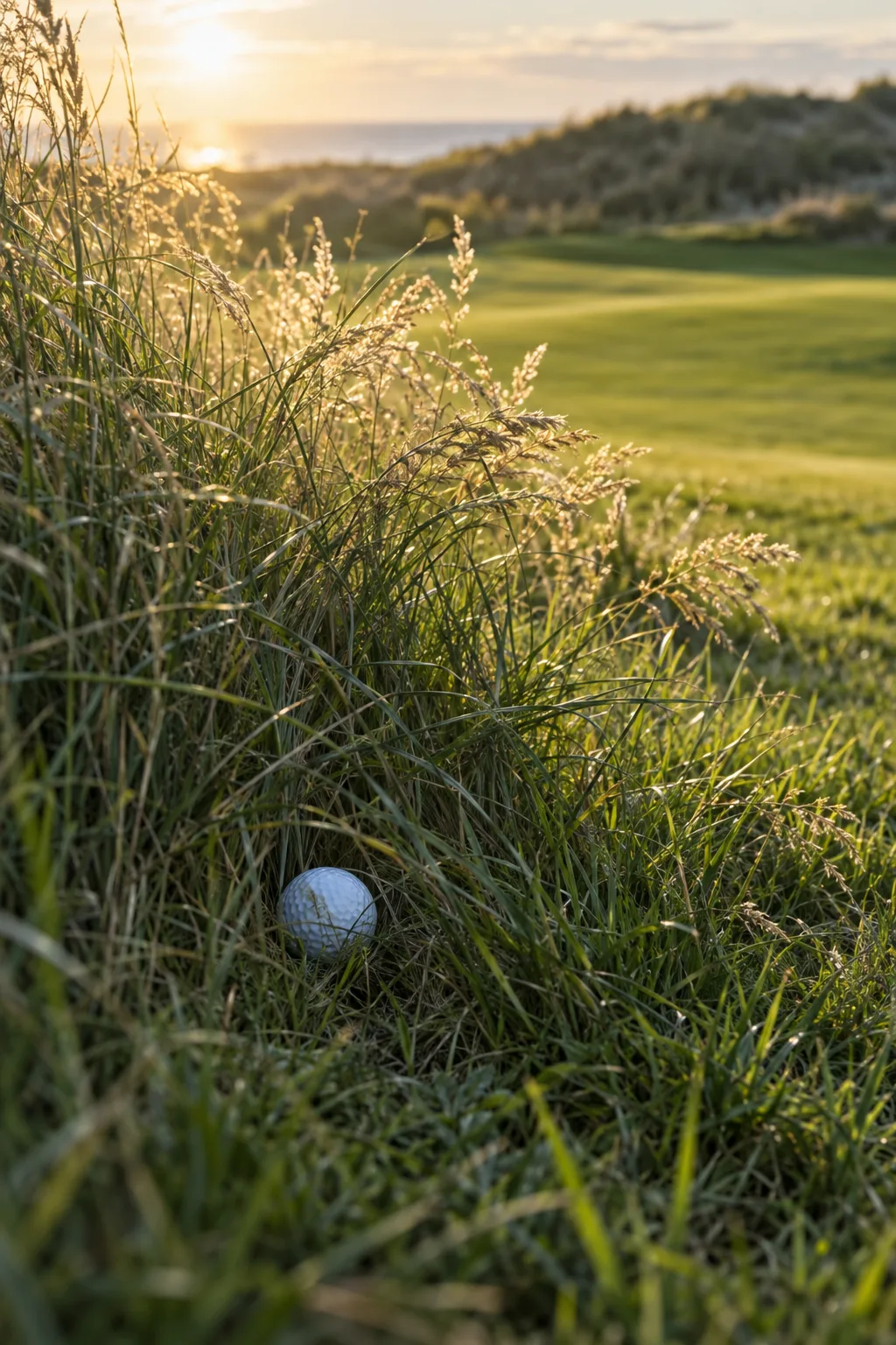 A golf ball half hidden at the foot of a tussock, the grass seed heads glowing in low sun.