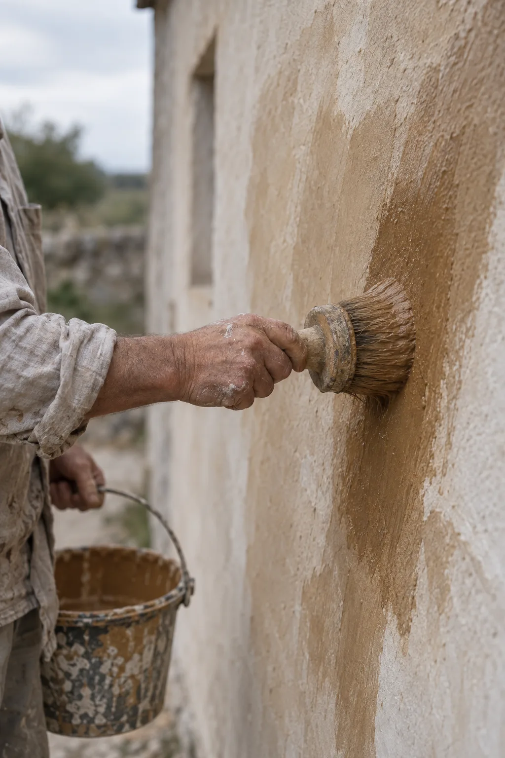 A painter's hands laying raw umber limewash on old render, the fresh stroke dark and the ones behind it drying pale