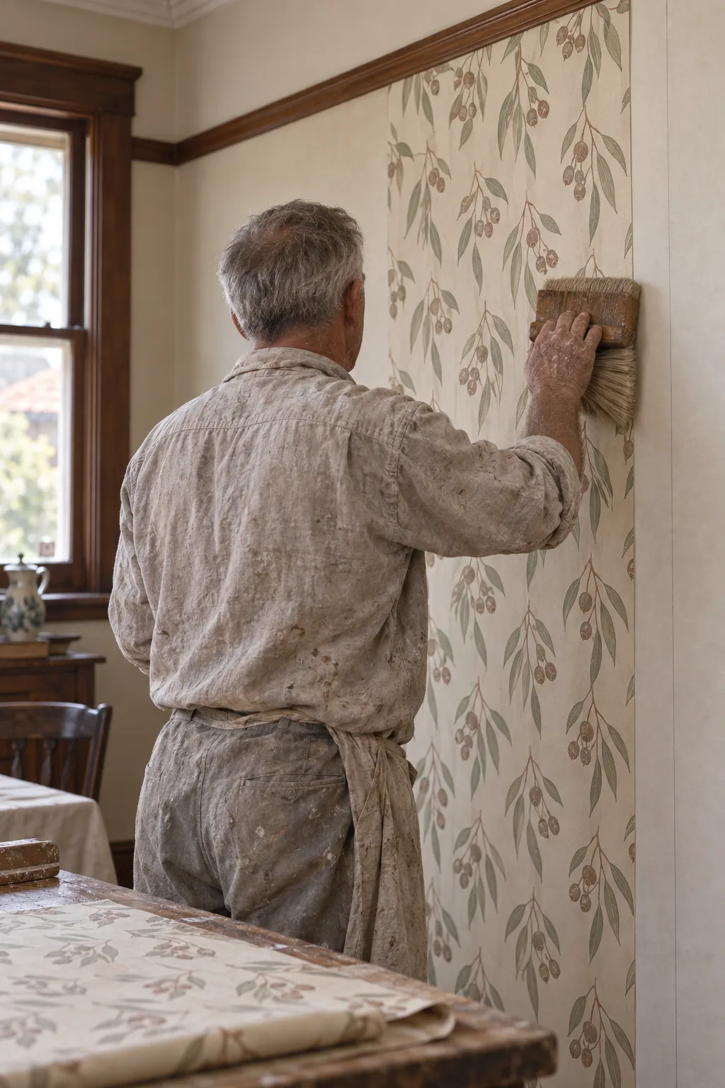A decorator brushing out a drop of gum-nut wallpaper beside a pencilled plumb line in a bungalow front room