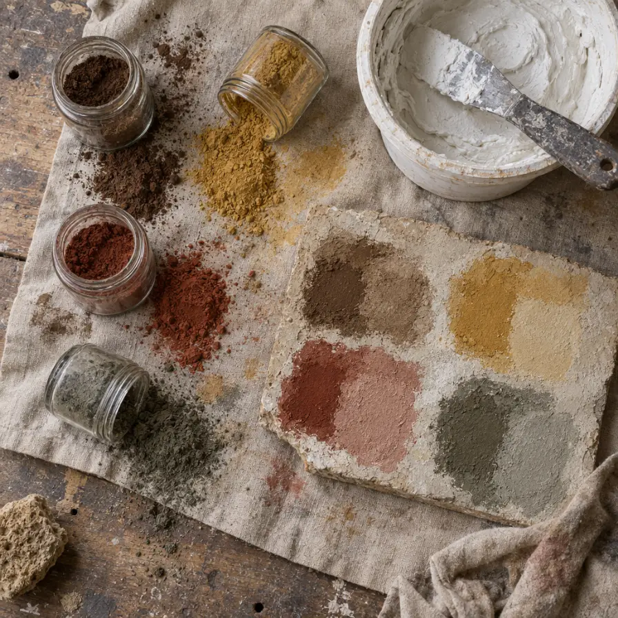 Jars and small heaps of umber, ochre, oxide and green earth beside a tub of lime putty and a board of test patches