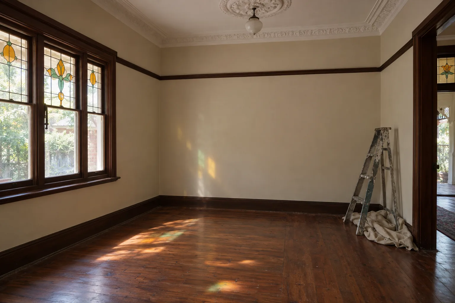 An empty bungalow front room in warm oatmeal paint, a ceiling rose above and leadlight colours on the floorboards