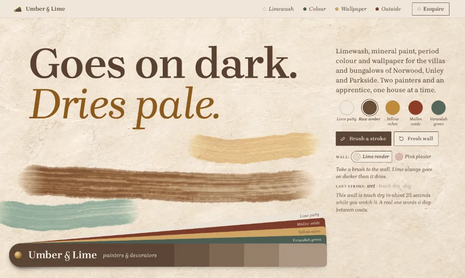 The front page: a chalky lime wall with a wet umber stroke and the words Goes on dark. Dries pale.