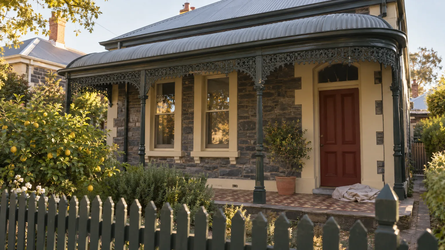 A bluestone villa freshly painted, its bullnose verandah and lace in deep green, trim in buff and the door in oxide red
