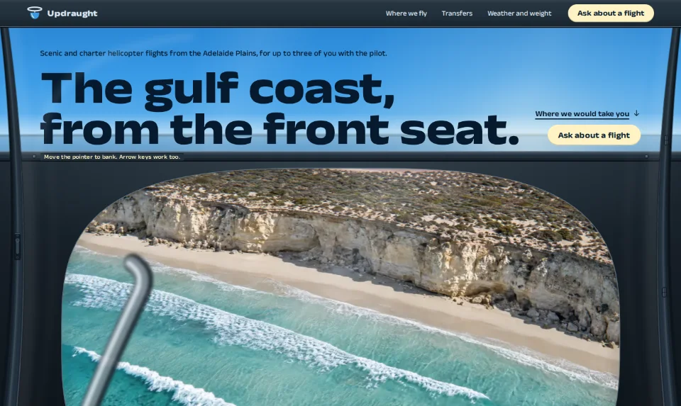 The front page: sea cliffs and surf through a helicopter's chin window, the headline above the sill