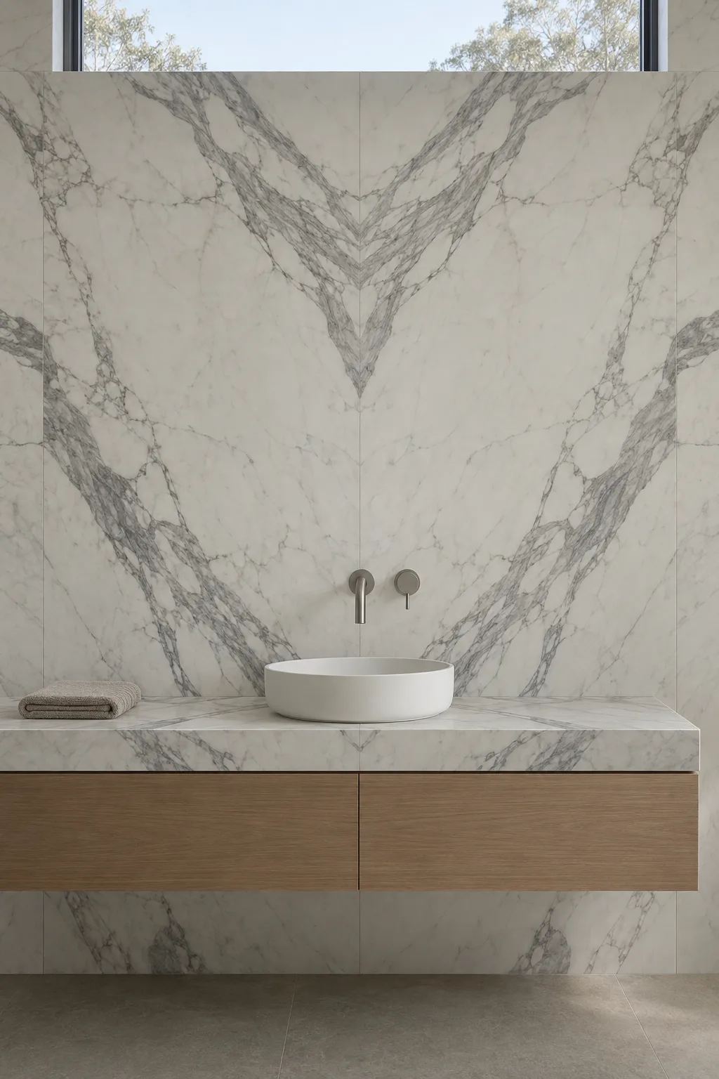 A bathroom wall of bookmatched white marble, its veins mirrored at the joint above a mitred vanity.