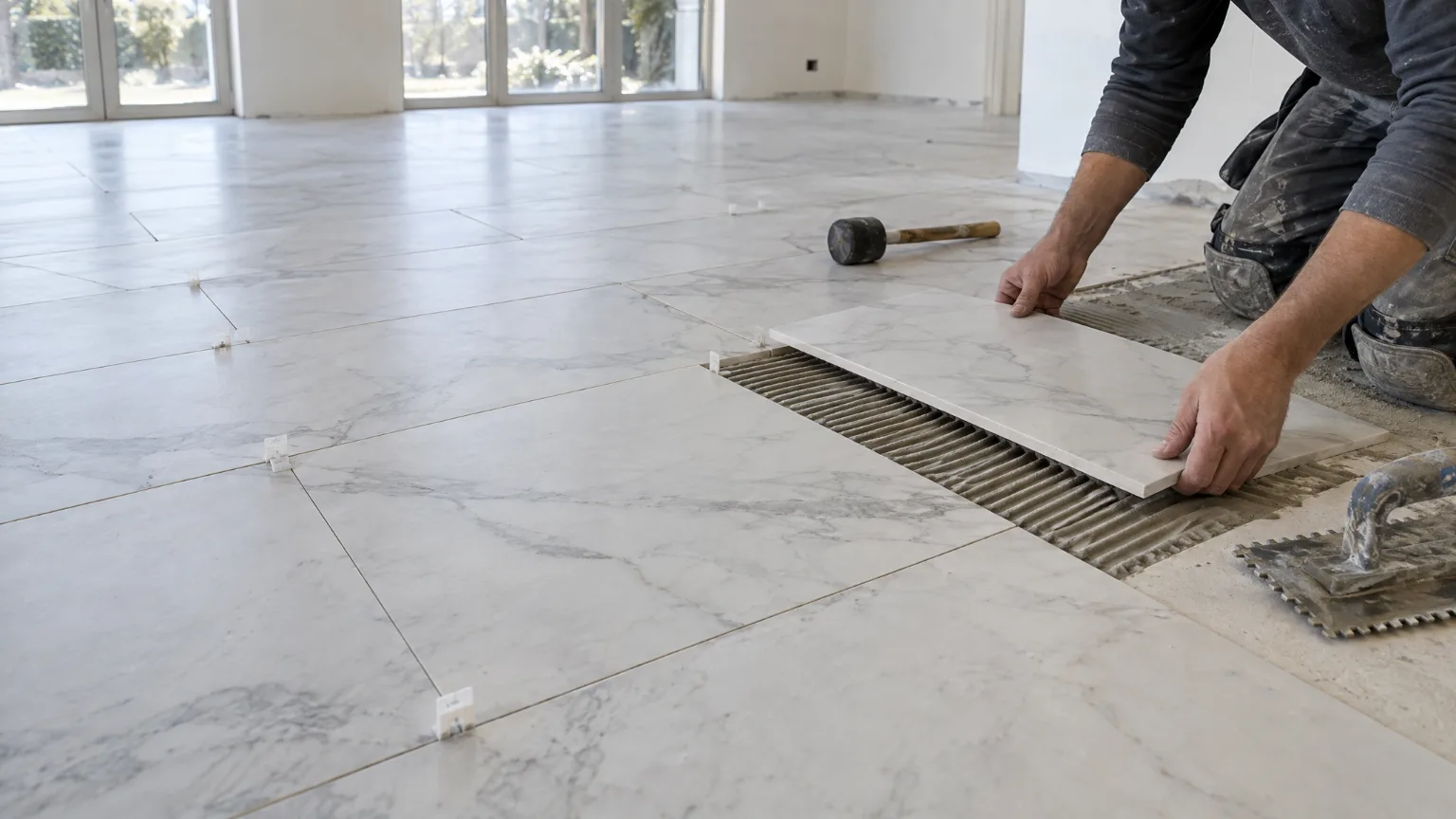 Honed marble floor tiles going down in a running bond, the veins running on from tile to tile.