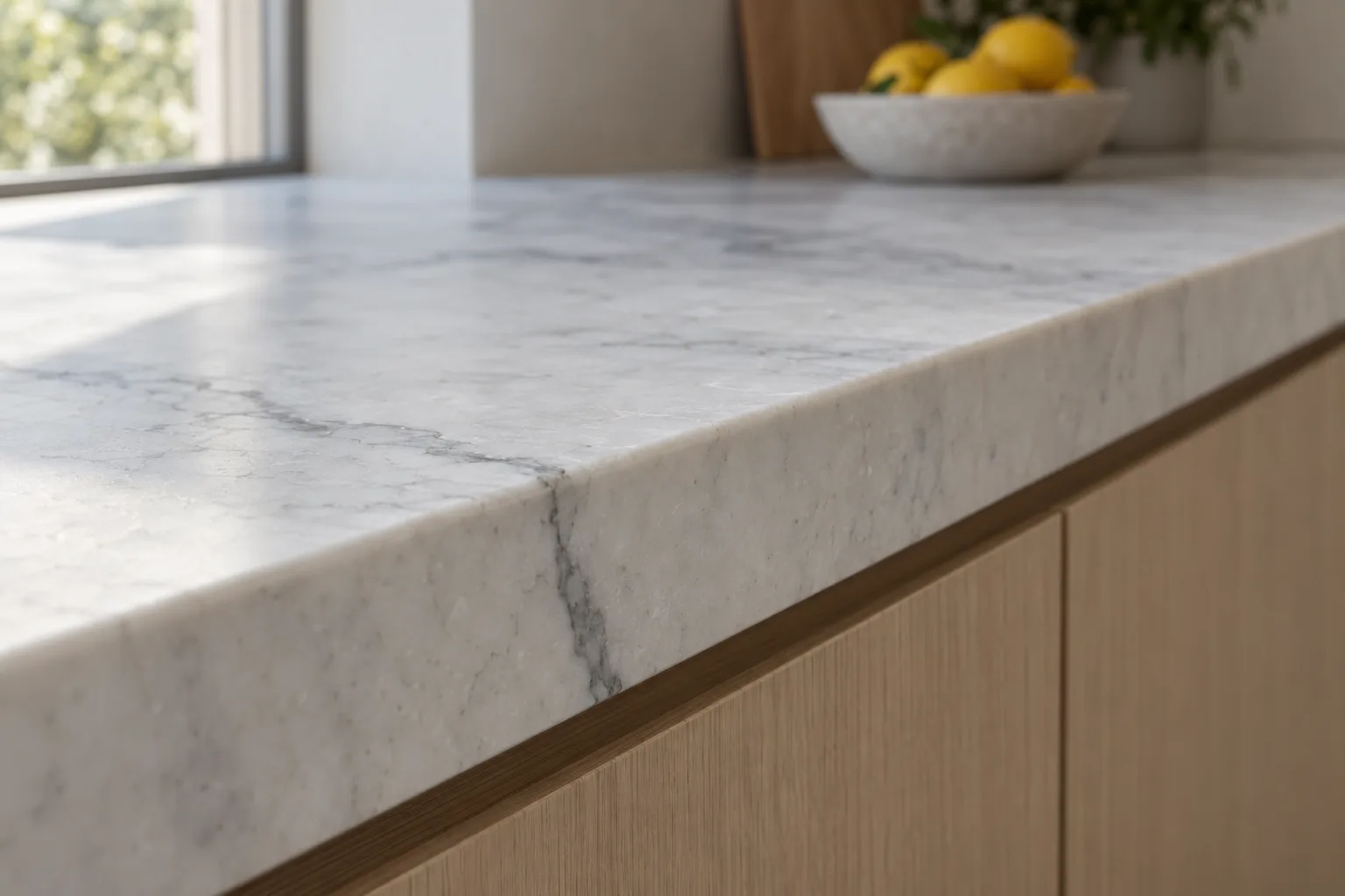 The honed edge of a white marble benchtop, a grey vein running over it, lemons at the far end.