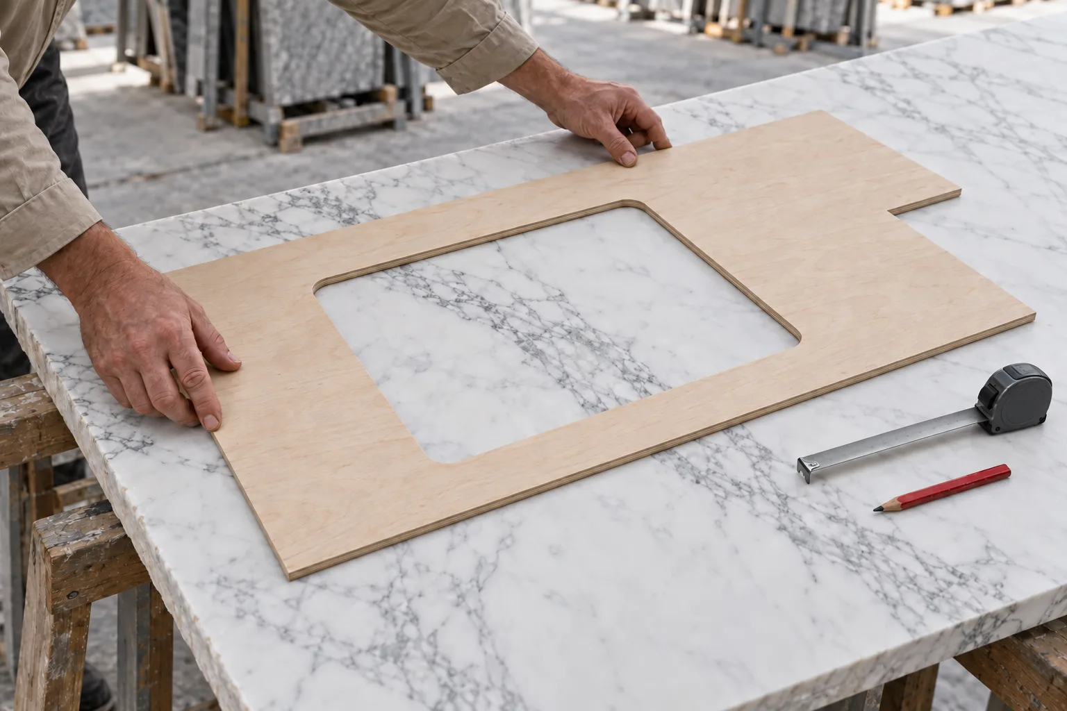 Hands laying a plywood benchtop template on a marble slab, a vein running through the sink cut-out.