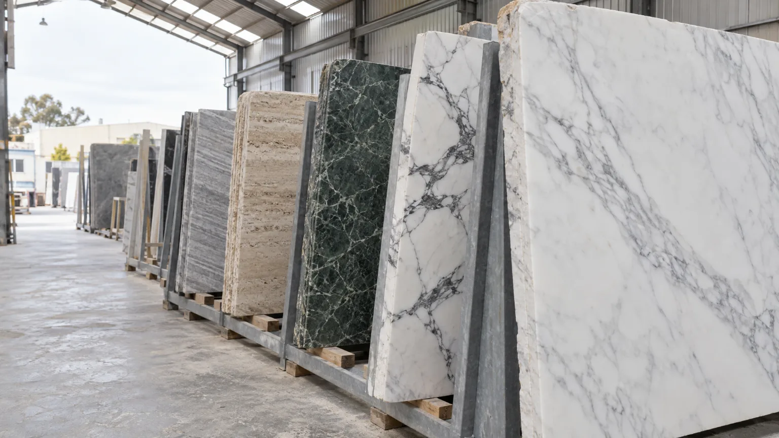An A-frame rack of standing stone slabs in a daylit shed, a white marble slab at the front.