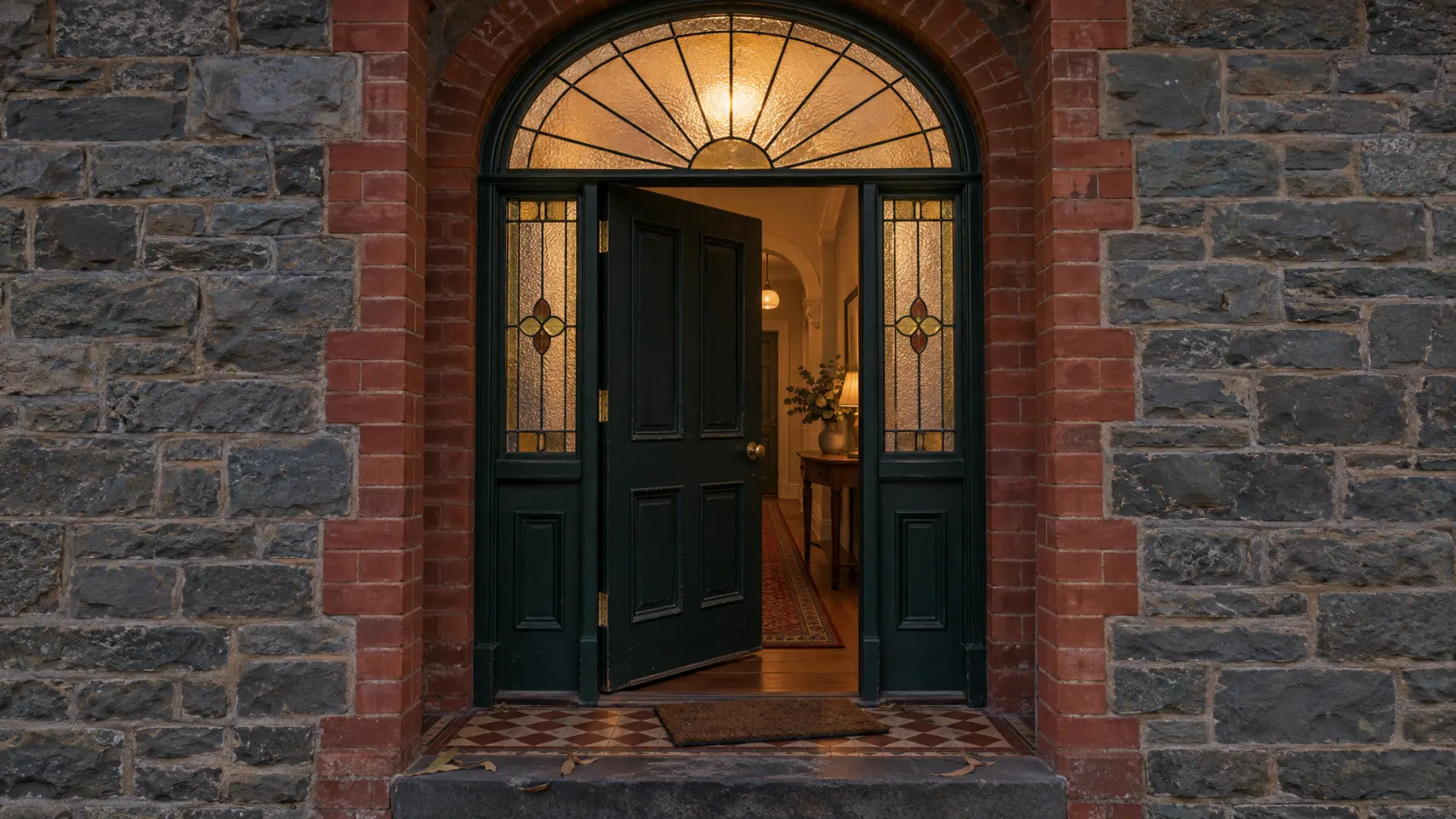 The front door of a bluestone villa at dusk, swung open on its hinges into a lamplit hall, its half-round fanlight glowing above