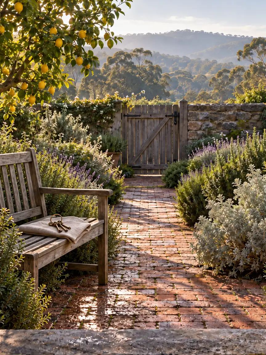 The brick path to the back gate