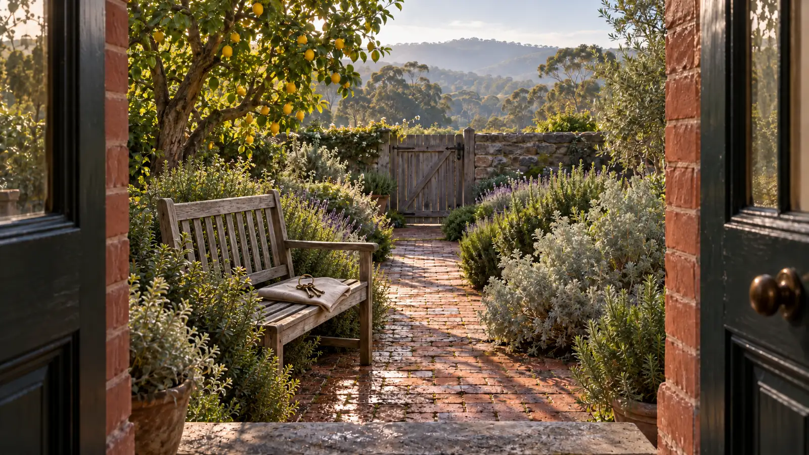 A brick path through lavender to a timber gate, a lemon tree, and a ring of keys on a garden bench