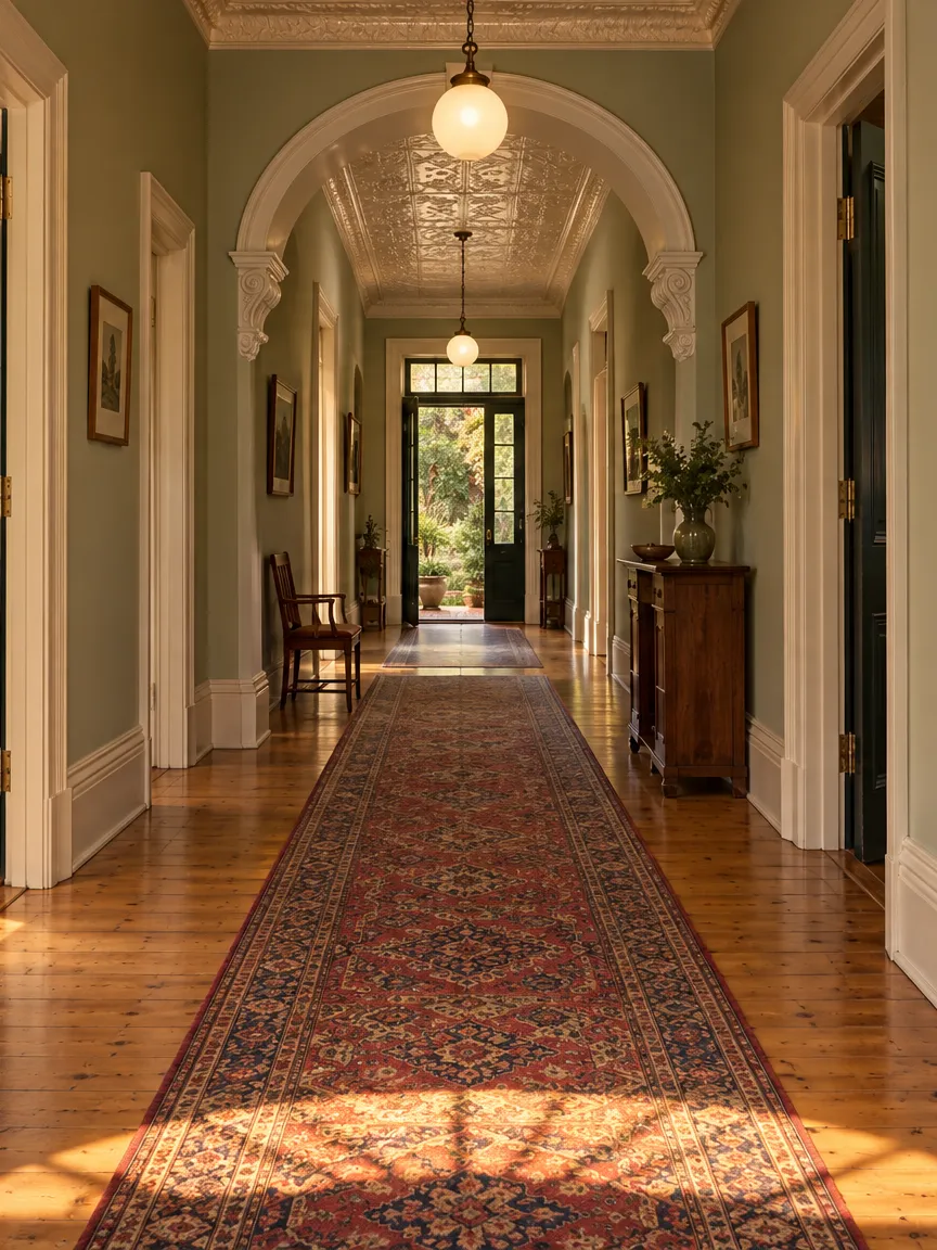 The hall, with late sun on the boards