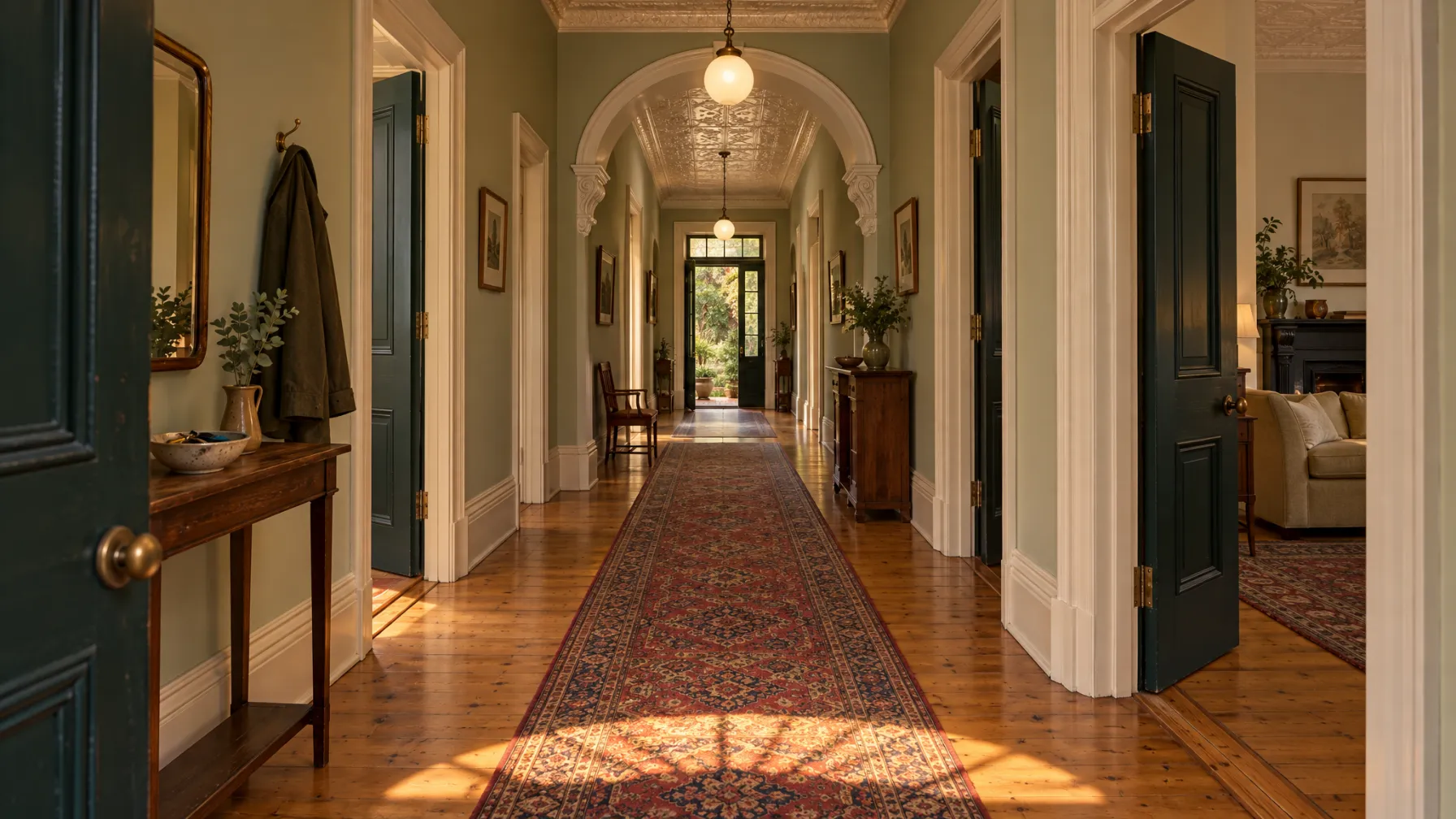 Looking down a long villa hall, a half-round of late sunlight on the pine boards and doors standing open on both sides