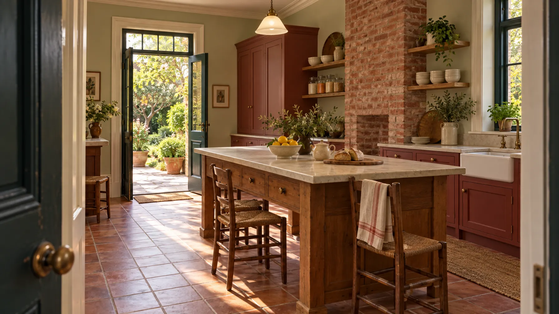 A villa kitchen with a long timber bench and a bowl of lemons, the back door open to the garden