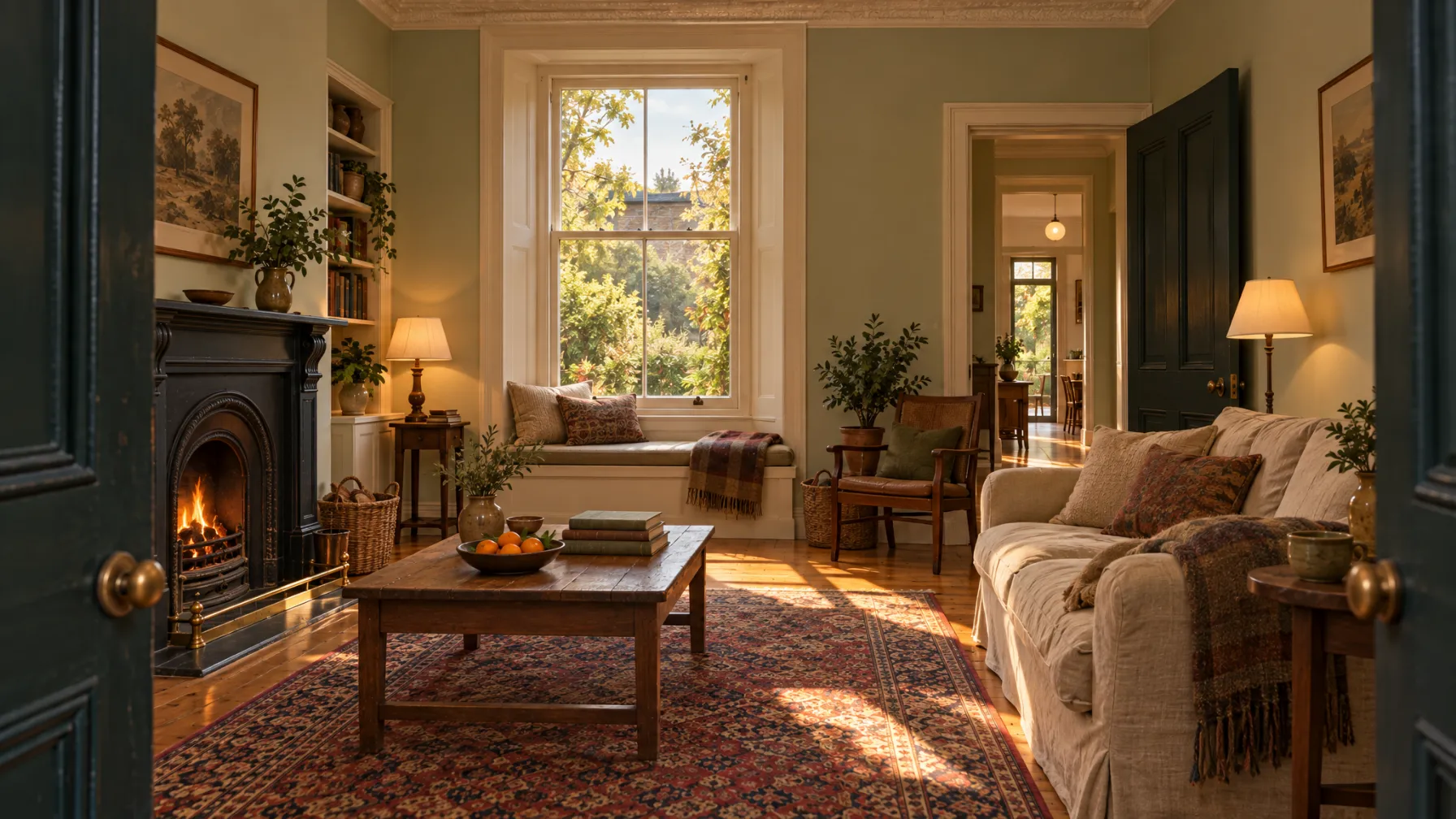 A villa's front room in late light, a window seat with linen cushions, a fireplace and a worn linen sofa