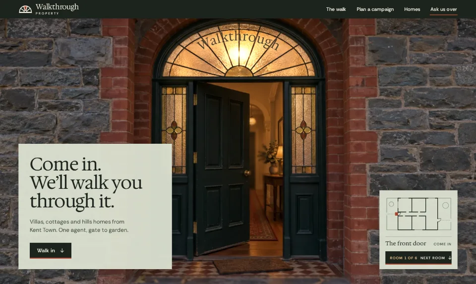 The front page: a villa's front door at dusk with the name lettered in its glowing fanlight