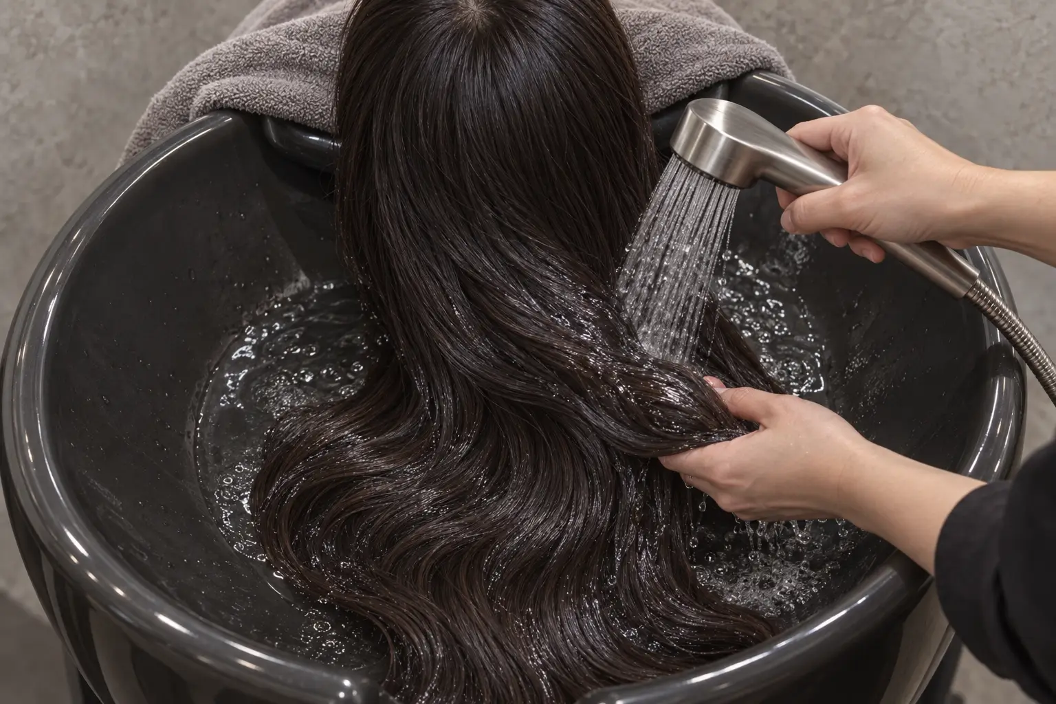 Long dark hair fanned in a dark basin under a gentle stream of water