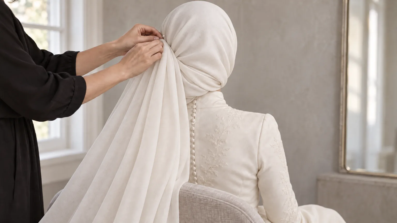 A bride from behind, an ivory silk headscarf being pinned over her low chignon, her gown high at the neck with long sleeves