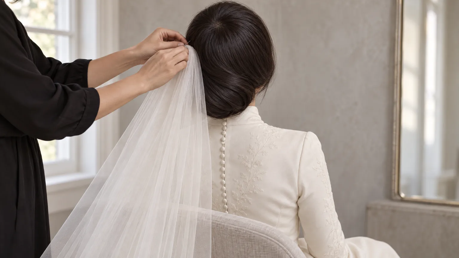 A bride from behind, a sheer veil being pinned above a low chignon, her gown high at the neck with long sleeves