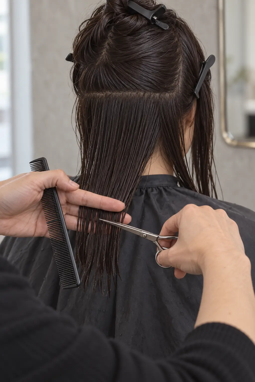 A stylist's hands cutting a wet section of dark hair, the rest held up in black clips