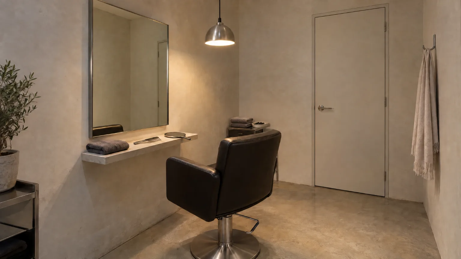 The room at the back: one chair turned to its mirror under a lit pendant, the door shut and a scarf on the hook beside it, no window