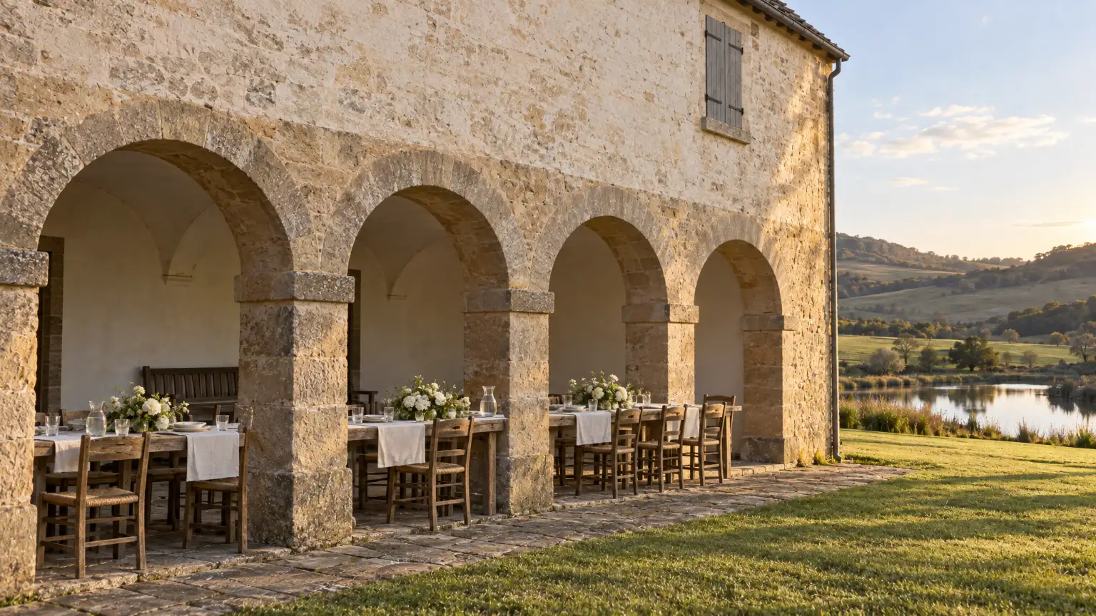 The front of the stone house: a pale limewashed upper wall over a loggia of round sandstone arches, one long table set on the flagstones with white flowers and water jugs, and the lawn falling to the dam in late sun