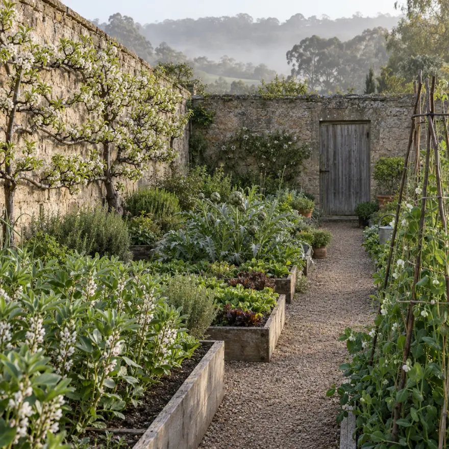 Raised beds of broad beans and herbs inside an old walled kitchen garden, a pear trained flat against the stone