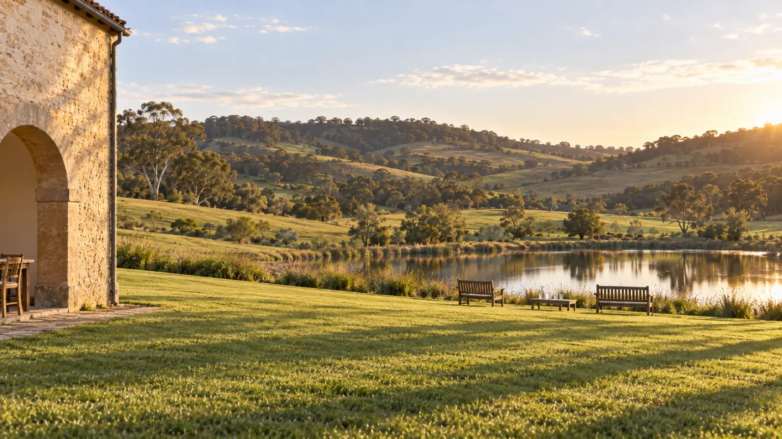 The lawn falling to the dam in late afternoon sun, two timber benches and a water jug by the water, the corner of the stone house at the left