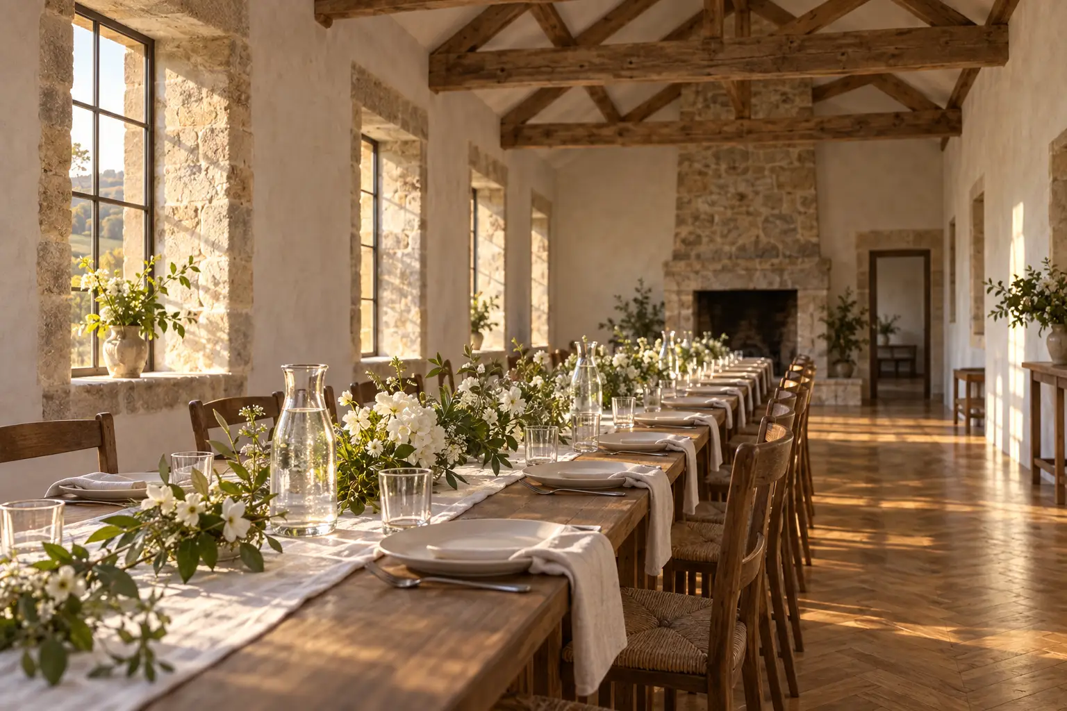 A long limewashed room with timber trusses, set with one long table, white flowers, water jugs and tumblers