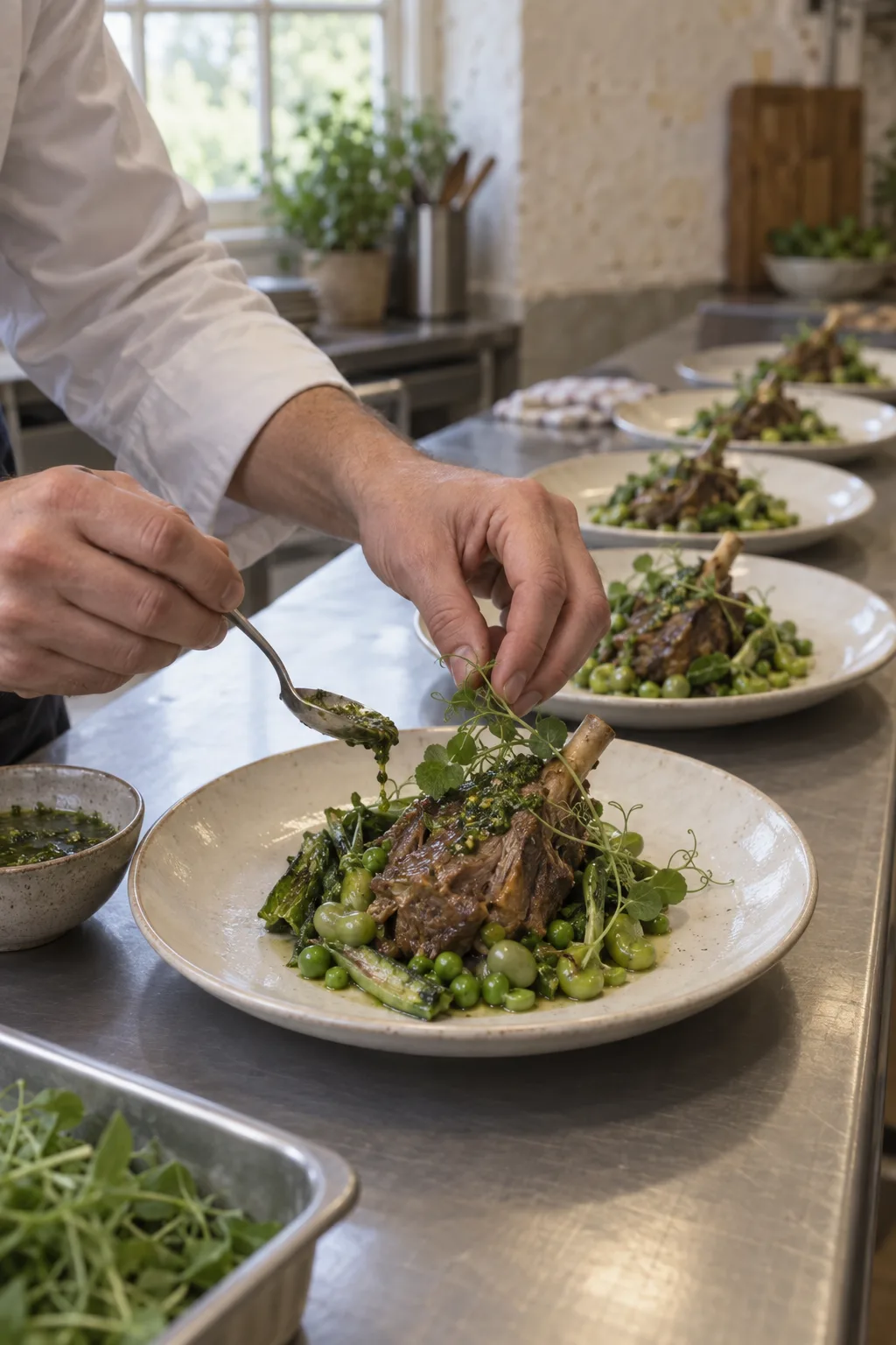 A cook's hands placing peas and broad beans on a plate of slow-cooked lamb at a steel pass