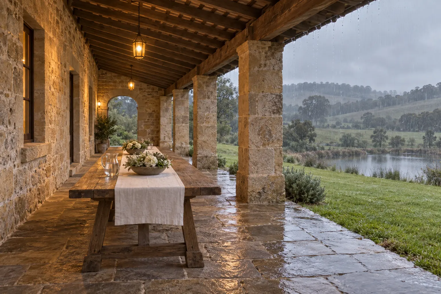 Rain falling past the open side of a covered stone terrace, a long table with white flowers dry beneath the roof