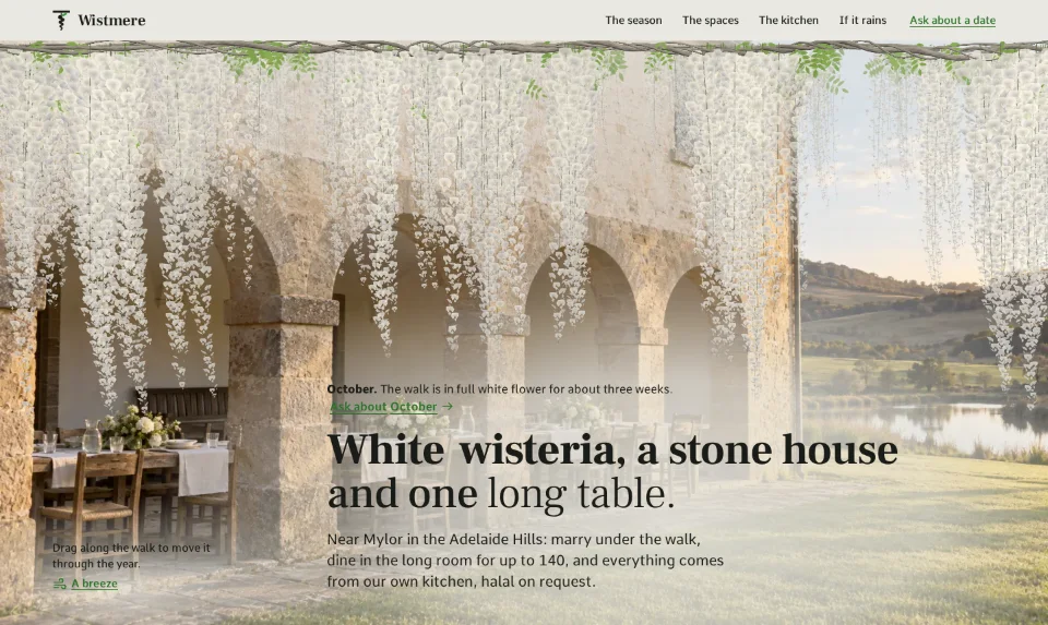 The front page: white wisteria hanging over a stone loggia, a serif headline set low across the lawn